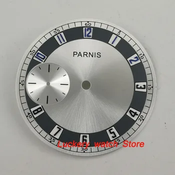 38,3 мм сребърен циферблат часа PARNIS със сини етикети, подходящи за ета 6497 ST3600 механизъм с ръчно от BP02