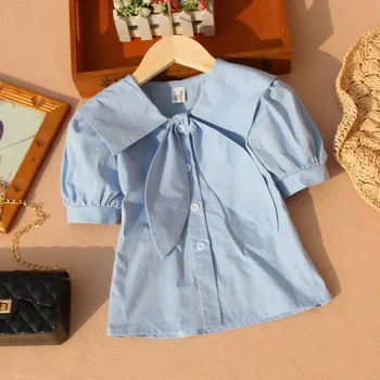 Летни Бели Ризи за момичета, Модни Детски Блузи с пищни ръкави, Обикновена Синя Блуза с Къс ръкав и Голяма папийонка