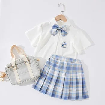 Нови Летни Комплекти дрехи в морски стил За малки Момичета, Сладък Модни Детски Костюми от 2 теми, Детска Риза с Лък + Плиссированная пола