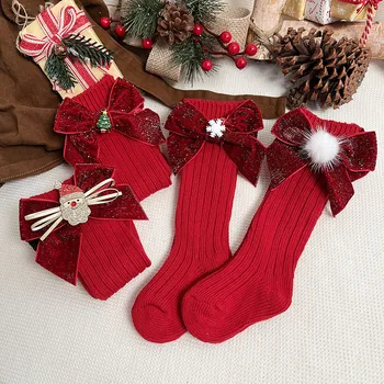 Зимни, Коледни Чорапи За малки момичета и момчета, Детски Чорапи до коляното, Вълнени Гети, Детски Меки Памучни Червени Дълги Чорапи от 0 до 5 години