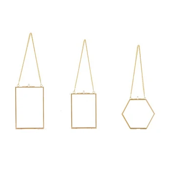 3 Опаковки Пресовани Цветя Стъклени Рамки - Златни Окачени Стъклени Рамки за картини С Веригата, Плаващи Рамка за произведения на изкуството DIY