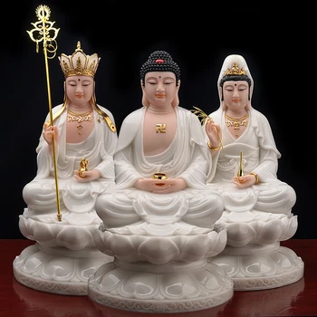 3P Aisa Висококачествен нефритови Буда в Будизма на СУО ПО САНЬШЭН Гуан ин Шакямуни Дизанг пуша статуя на Буда Защита на ДОМА и семейството