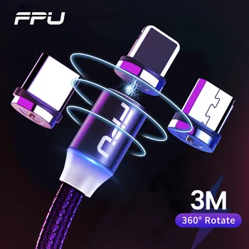 FPU 3 м Магнитен Кабел Micro USB Type C, За Бързо Зареждане на USB Type-C Магнитен Кабел За iPhone Samsung Android Мобилен Телефон Тел Кабел