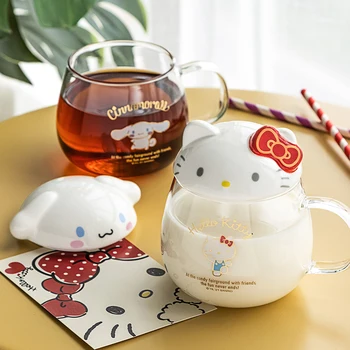 Sanrio Стъклена Чаша за Пиене на Hello Kitty Cinnamoroll Kuromi Mymelody Purin Kawaii Мультяшная Стъкло с Капак Домашна Прозрачна Млечни Чаша