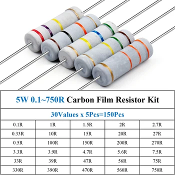 150шт 5 W 0,1 ~ 750R Въглероден Филмът Резистор Асорти Комплект 30 стойности на x 5шт = 150шт Образец на Комплект за Цветно Съпротива Пръстени