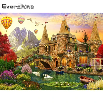 EverShine Нов Прием На Диамантена Снимка На Замъка На Езерото Бродерия На Кръстат Бод Пейзаж Пълна Квадратна Мозайка Начало Декор На Цветя