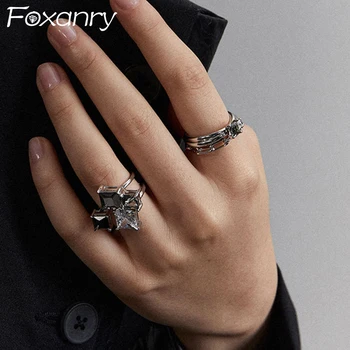 FOXANRY Изчистен Сребърен Цвят Циркон Пръстена Нови Модни Елегантни Многослойни Геометрични Вечерни Бижута, Подаръци за Жени