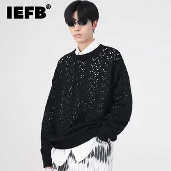 Мъжки Пуловер IEFB, Есенно-Зимна Нова Корейската Мода, Дизайн с дупки, Вязаный Пуловер с Кръгло Деколте, 2023, Плътен Цвят, 9A5981