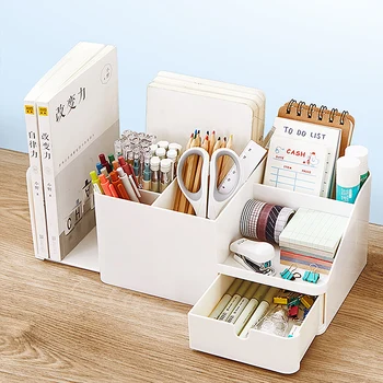 Настолен органайзер 2 в 1 с държач за химикалки, книги и канцеларски материали, с държач за химикалки, идеален за офис бюрото офис организатор