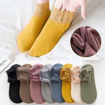 Кадифени Чорапи на пода, Дантелени дамски Силиконови Нескользящие чорапи със средна дължина, есенно-зимните са Супер Меки и Дебели Кадифени Топли Свободни Чорапи