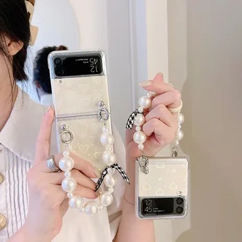 За Samsung Galaxy Z Флип 3 калъф с перлата на гривната за Samsung Z Флип 4 Flip4 лазерна любов картонена прозрачно защитно покритие