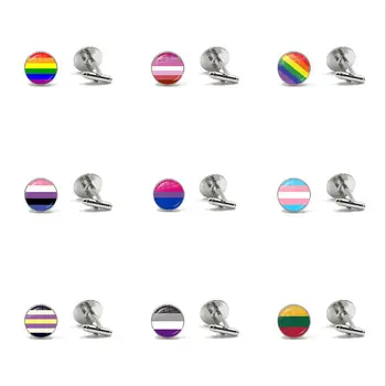 Гей Гордост Пъстра Дъгата Флаг Риза с копчета за Ръкавели ЛГБТ Флаг за Лесбийки Стъклен Купол Сватбени копчета за Ръкавели за Мъже Бижута Директен Доставка