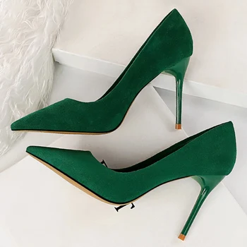 2022 Дамски обувки на висок ток 10 см по-голям размер 43, обувки-лодка за стриптийз, дамски обувки-лодки на ниски токчета, жълто-зелени Велурени Дизайнерски обувки за бала