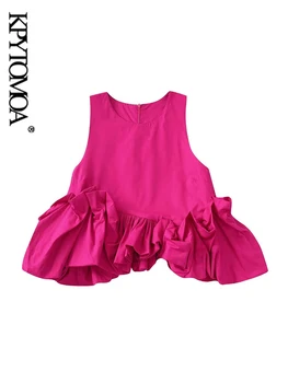 KPYTOMOA Дамски Модни Нагънат Асиметрични Блузи Реколта Без Ръкави с Цип Отзад Дамски Ризи Blusas Шик Върховете