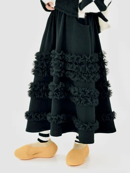 Оригинална дизайнерска лейси черна пола от еластичен колан Imakokoni, топло есенно-зимни свободна ежедневна пола за жените
