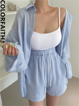 Colorfaith 2022 Нови Комплекти Оверсайз, 2 броя, Блузи дантела с къси панталони-капри, есенно-зимни дамски Корейски Модни Костюми WS2595