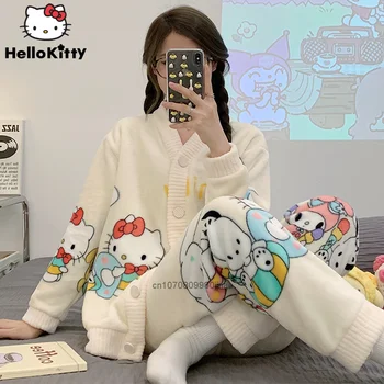 Sanrio/Модерен Плюшено Пижамный Комплект, Женска Домашна Топло Ежедневни Утепленная Скъпа Мультяшная Пижама С Дълги Ръкави, Костюми Y2K, нощница От 2 Теми За Момичета